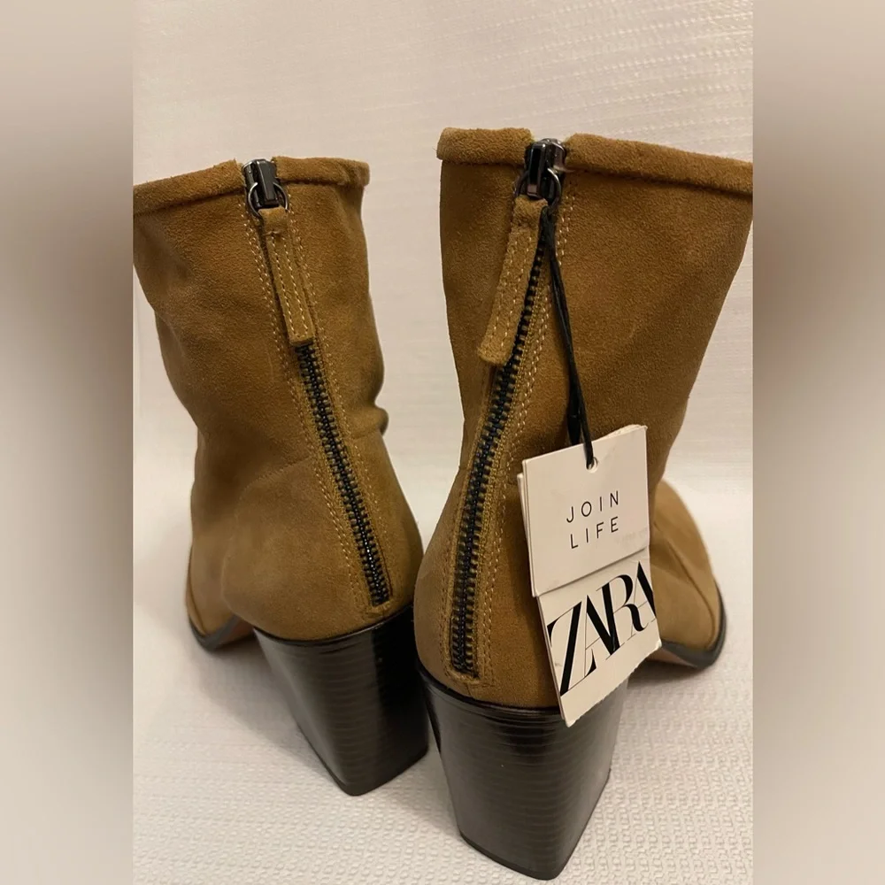 Zara Tan Sand Brown Suede Leather Boots: sz 10 - Picture 4 of 7